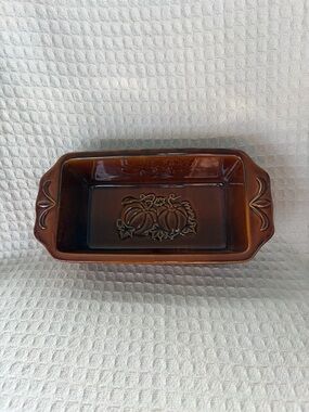 Brown Glazed Stoneware Loaf Baking Dish With A Pumpkin Motif New Without Tags